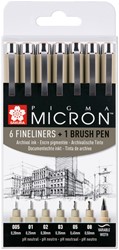 Fineliner Sakura Pigma Micron 6 schrijfbreedtes en brushpen zwart